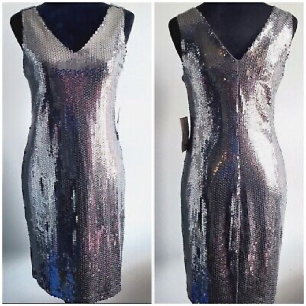 Carmen Marc valvo sequin gunmetal dress